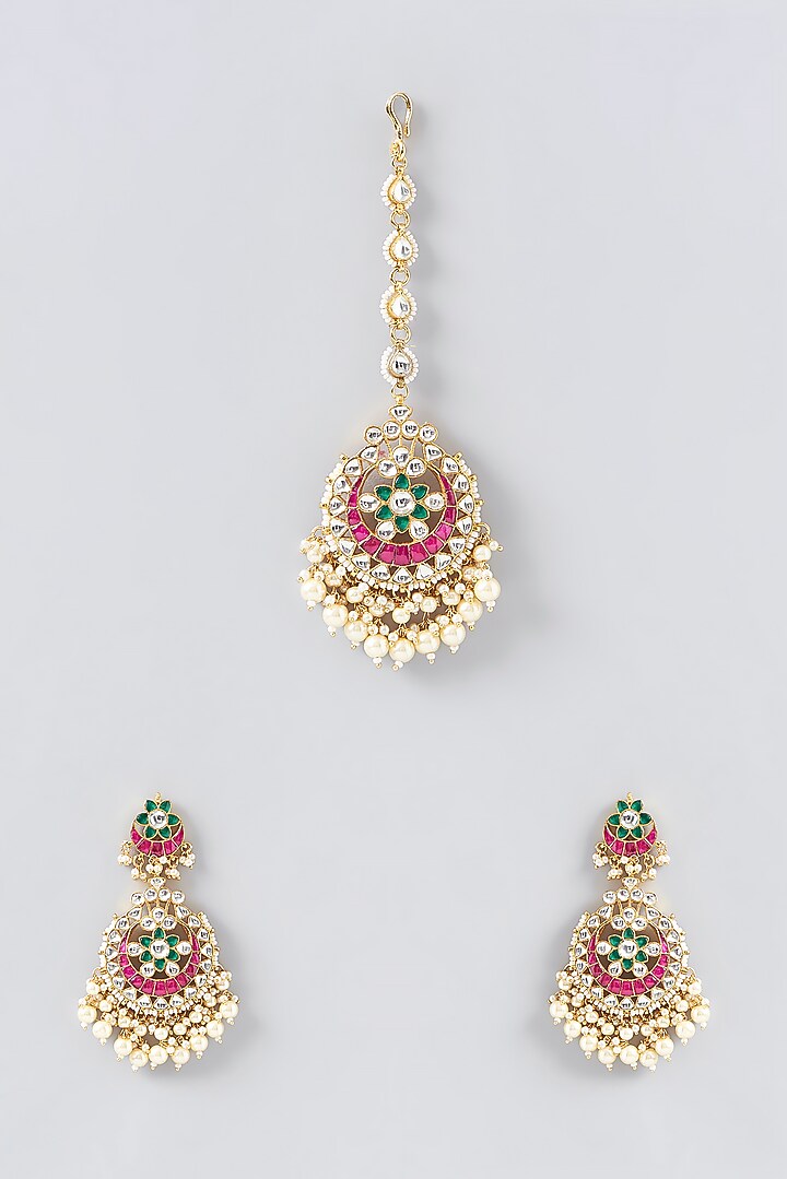 Gold Finish Kundan Polki & Red Stone Dangler Earrings With Maangtikka by VASTRAA Jewellery at Pernia's Pop Up Shop